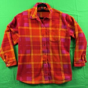 NY & Co Fleece Shirt‎ Womens Medium Red Pink Yellow Plaid Button Up Cozy Style